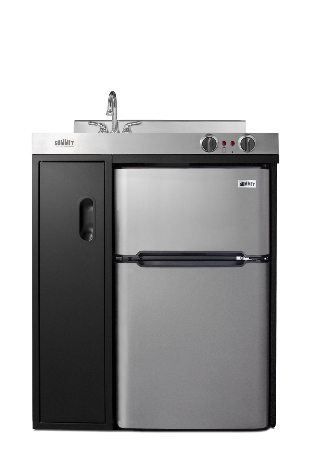 30 inch wide all-in-one kitchenette in black with a 2-burner 115V coil cooktop, 2-door refrigerator-freezer, sink, and storage cabinet